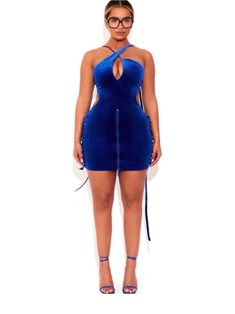 BBXBrand Cross Halter Royal Blue Velvet Mini Dress